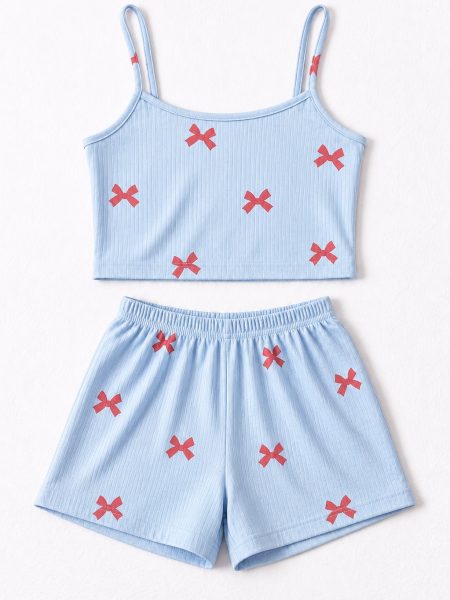 Baby blue bow print cami and shorts set, Pijama.lk Sri Lanka