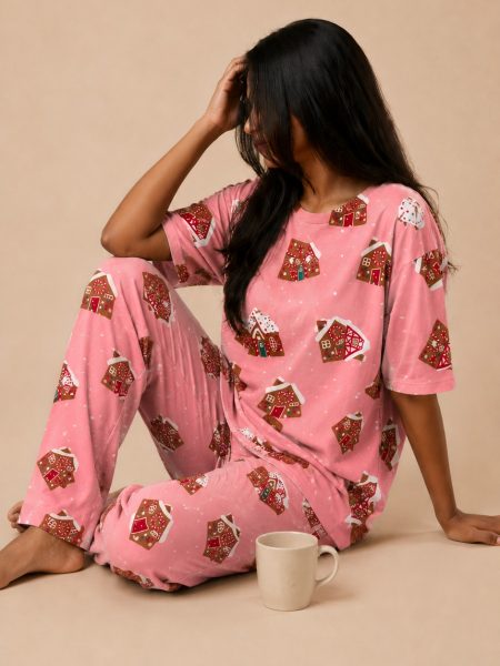 Model wearing gingerbread print long pyjama set, Pijama.lk Sri Lanka