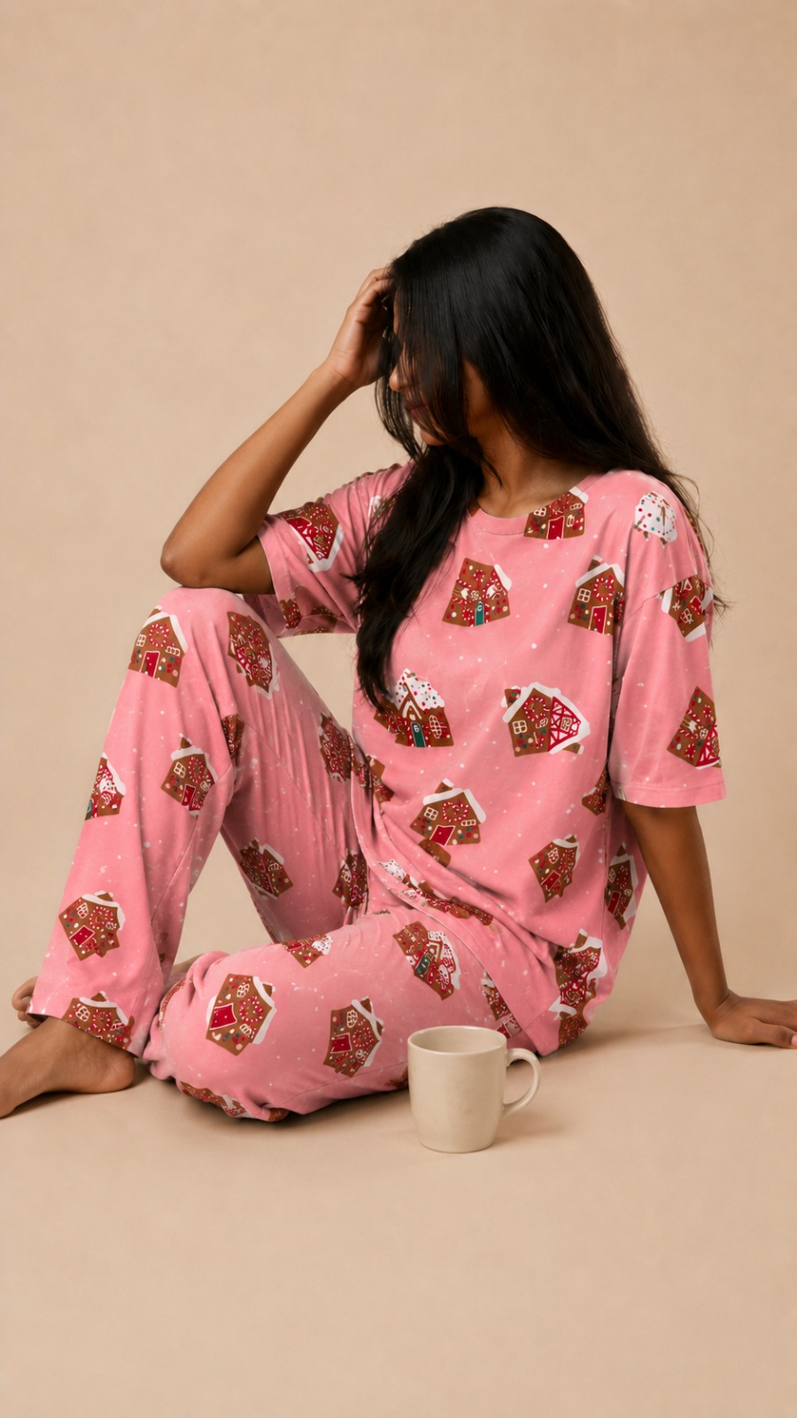 Model wearing gingerbread print long pyjama set, Pijama.lk Sri Lanka