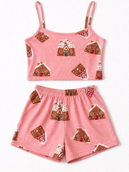 Gingerbread house print cami and shorts set, Pijama.lk Sri Lanka