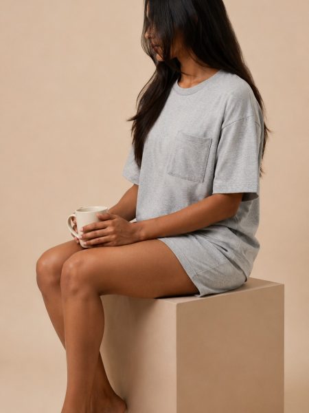 Model wearing grey pocket tee dress, Pijama.lk Sri Lanka