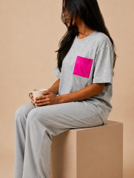 Model wearing grey pyjama set with pink pocket tee, Pijama.lk Sri Lanka